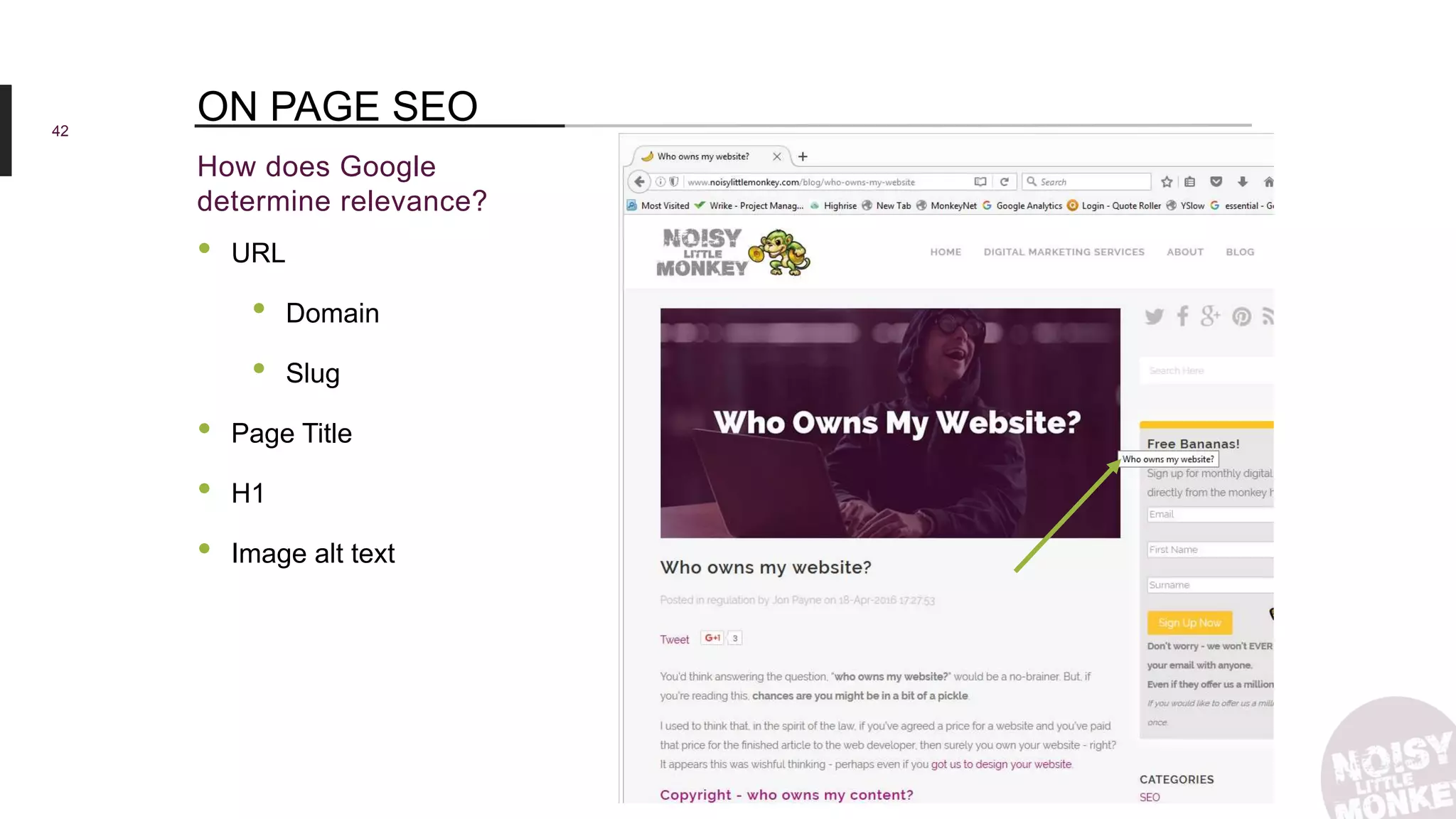 42
How does Google
determine relevance?
ON PAGE SEO
• URL
• Domain
• Slug
• Page Title
• H1
• Image alt text
 