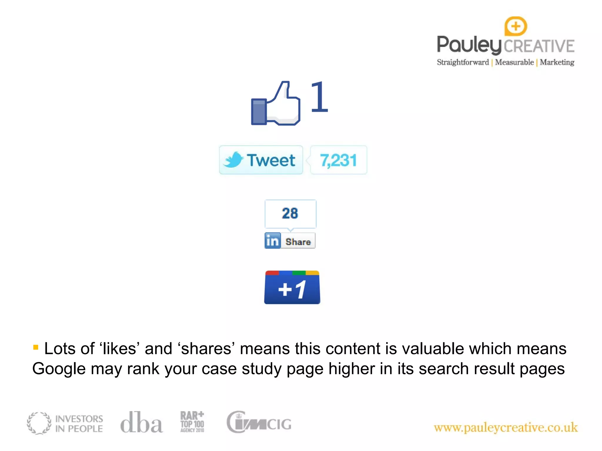 Lots of ‘likes’ and ‘shares’ means this content is valuable which means Google may rank your case study page higher in its search result pages 