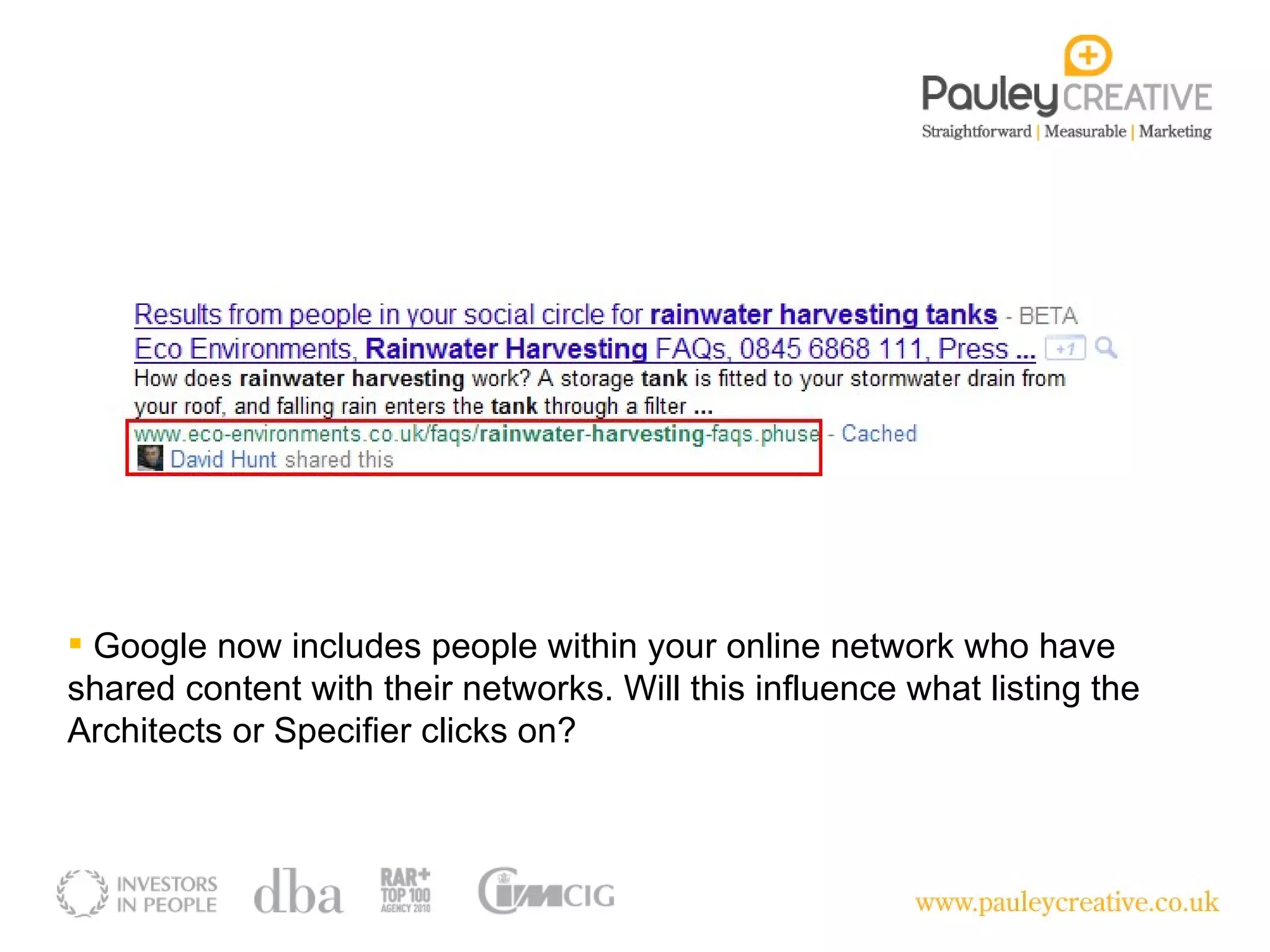 Google now includes people within your online network who have shared content with their networks. Will this influence what listing the Architects or Specifier clicks on? 