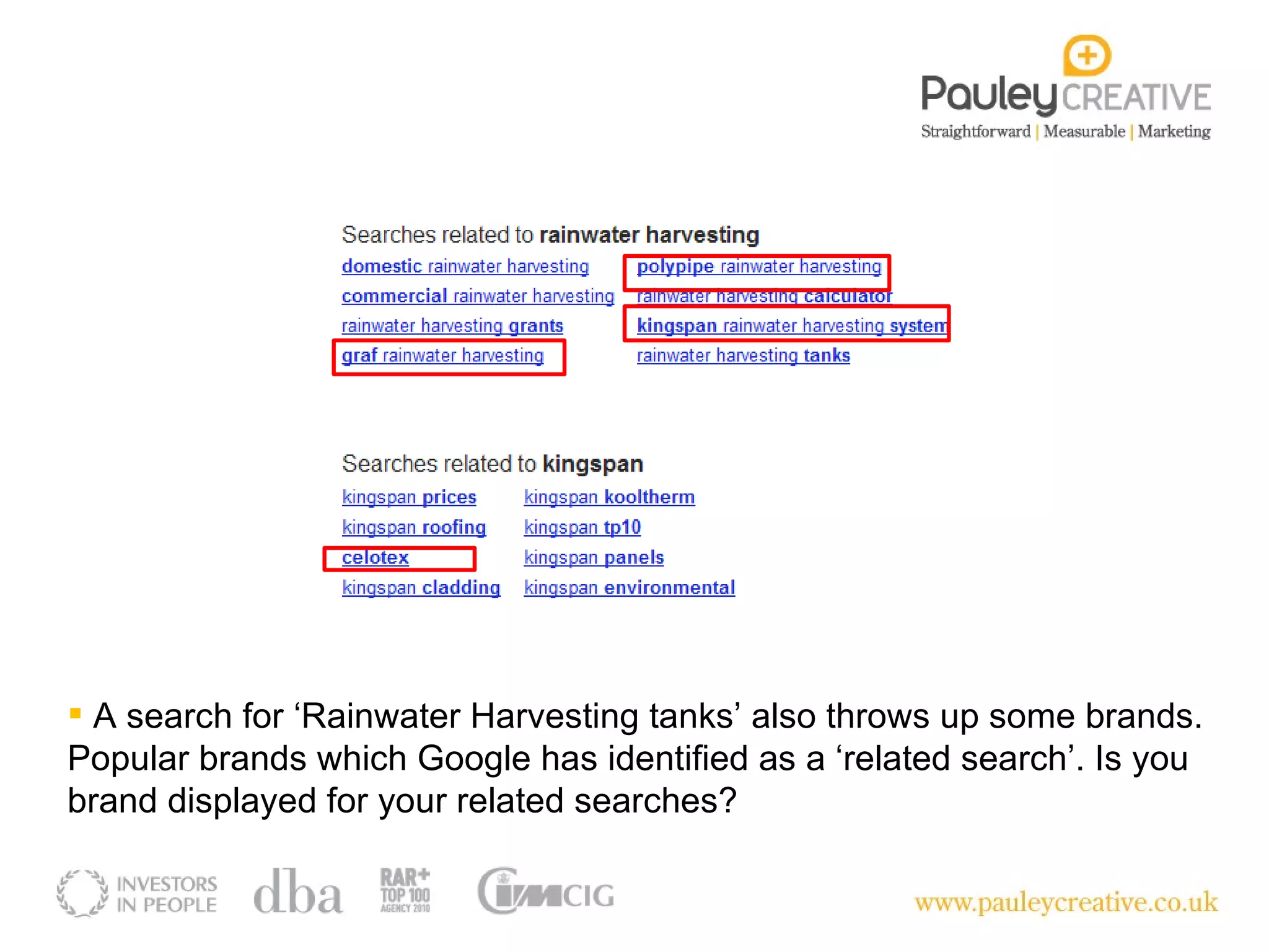 A search for ‘Rainwater Harvesting tanks’ also throws up some brands. Popular brands which Google has identified as a ‘related search’. Is you brand displayed for your related searches? 