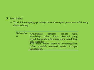  Teori Inflasi
– Teori ini menganggap adanya kecenderungan penurunan nilai uang
dimasa datang.
Kelemaha
n
Argumentasi tersebut sangat tepat
seandainya dalam dunia ekonomi yang
terjadi hanyalah inflasi saja tanpa ada deflasi
atau stabilitas
Kita tidak boleh menutup kemunngkinan
dalam masalah transaksi syariah terdapat
keuntungan.
 