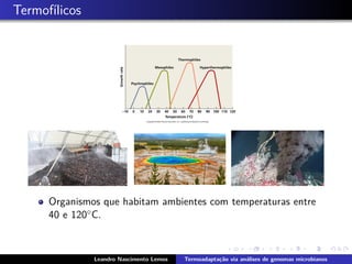 Termof´ılicos
Organismos que habitam ambientes com temperaturas entre
40 e 120◦C.
Leandro Nascimento Lemos Termoadapta¸c˜ao via an´alises de genomas microbianos
 