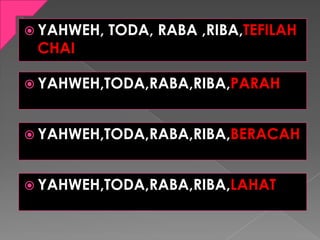  YAHWEH, TODA, RABA ,RIBA,TEFILAH
CHAI
 YAHWEH,TODA,RABA,RIBA,PARAH
 YAHWEH,TODA,RABA,RIBA,BERACAH
 YAHWEH,TODA,RABA,R...