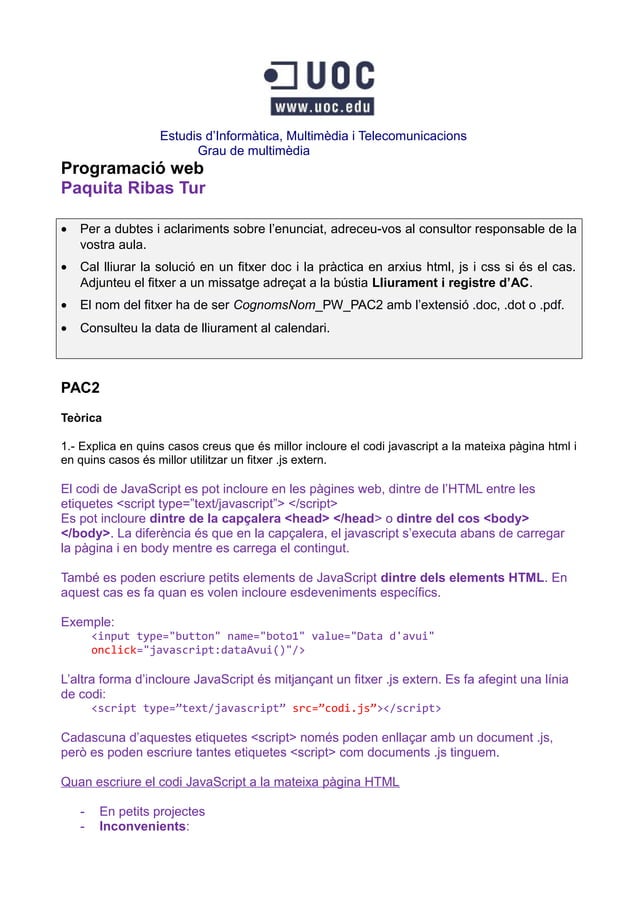 Programació Web - PAC 2 - Multimedia (UOC) - Paquita Ribas | PDF