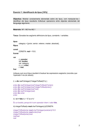 Exercici 1: Identificació de tipus [10%]


Objectius: Mostrar coneixements elementals sobre els tipus, com manipular-los i
identificar els tipus resultants d’efectuar operacions entre objectes elementals del
llenguatge algorísmic.


Materials: M1 i M2 fins M2.1


Tasca: Donades les següents definicions de tipus, constants i variables


tipus
         category = {junior, senior, veteran, master, absolute};
ftipus

const
         CONSTA: real = 10.0;
fconst

var
         c: caracter;
         isIt: boolea;
         cat: category;
         x, y, z: enter;
         r: real;
fvar

indiqueu quin es el tipus resultant d’avaluar les expressions següents (recordeu que
l'operador = és de relació):


i) x div realToInteger(r*integerToReal(3*x) )

enter div realToInteger(real*integerToReal(3*enter))
enter div realToInteger(real*integerToReal(enter))
enter div realToInteger(real*real)
enter div realToInteger(real)
enter div enter
enter

ii) islt = fals i c = 'C' o c='c'

És un booleà, perquè té i com operador intern i valor fals.

iii) integerToReal(x mod charToInteger(c))/CONSTA

integerToReal(enter mod charToInteger(caràcter))/10.0
integerToReal(enter mod enter)/real
integerToReal(enter)/real
real/real
real



                                                                                       2
 