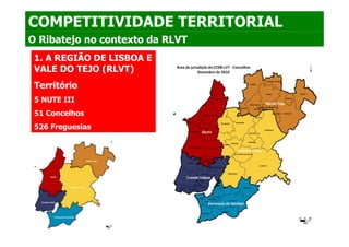COMPETITIVIDADE TERRITORIAL
O Ribatejo no contexto da RLVT
 1. A REGIÃO DE LISBOA E
 VALE DO TEJO (RLVT)
 Território
 5 NUTE III
 51 Concelhos
 526 Freguesias
 