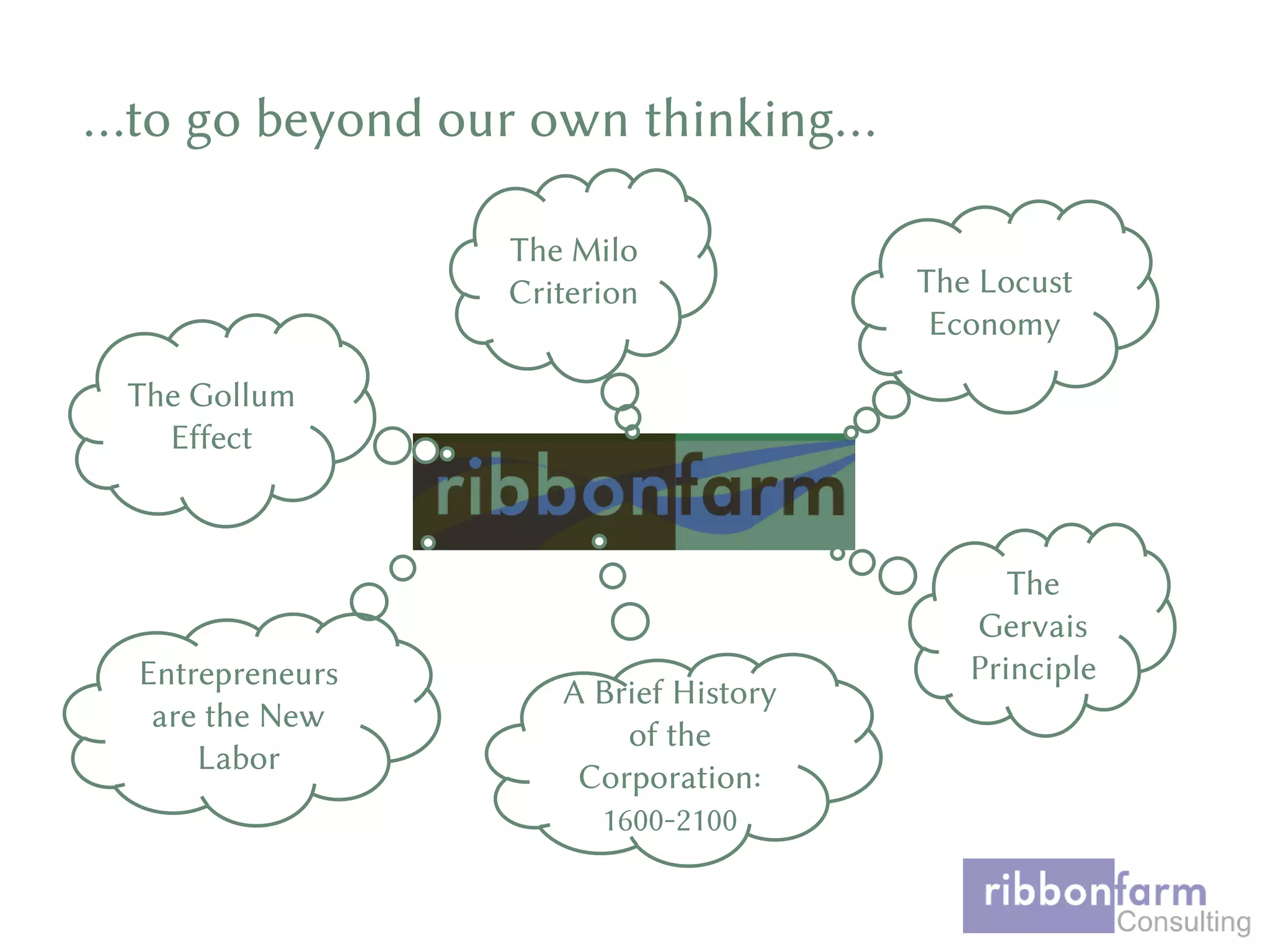…to go beyond our own thinking…
The
Gervais
Principle
The Milo
Criterion
The Gollum
Effect
The Locust
Economy
A Brief History
of the
Corporation:
1600-2100
Entrepreneurs
are the New
Labor
 