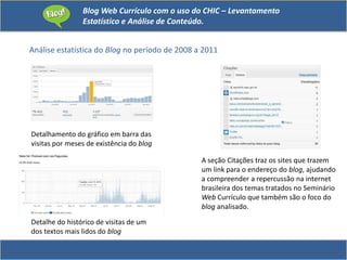 Blog Web Currículo com o uso do CHIC – Levantamento
Estatístico e Análise de Conteúdo.
Análise estatística do Blog no período de 2008 a 2011
Detalhamento do gráfico em barra das
visitas por meses de existência do blog
A seção Citações traz os sites que trazem
um link para o endereço do blog, ajudando
a compreender a repercussão na internet
brasileira dos temas tratados no Seminário
Web Currículo que também são o foco do
blog analisado.
Detalhe do histórico de visitas de um
dos textos mais lidos do blog
 