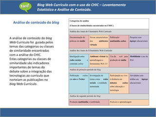 Blog Web Currículo com o uso do CHIC – Levantamento
Estatístico e Análise de Conteúdo.
Análise de conteúdo do blog
Categorias de análise
(Classes de similaridades encontradas no CHIC)
Análise dos Anais do I Seminário Web Currículo
Documentação de
práticas em áudio
Novas características
dos ambientes
virtuais
Publicação
multimídia online
Pesquisa com
laptops educacionais
Análise dos Anais do II Seminário Web Currículo
Interligação entre
redes sociais e
conteúdo online
Ambiente virtual de
aprendizagem e
ferramentas Web 2.0
Uso da web para
produção de mídia
Mobilidade e uso da
Web
Análise do primeiro período do blog
Publicação online
em sites e Twitter
Investigação de
temas como redes
sociais e realidade
aumentada
Participação ao vivo
à distância em
debates online
sobre educação e
tecnologia
Atividades com
mídias em laptops
educacionais
Análise do segundo período do blog
Produção multimídia e mobilidade Podcasts e aprendizagem
A análise de conteúdo do blog
Web Currículo foi guiada pelos
temas das categorias ou classes
de similaridade encontradas
com a análise do CHIC.
Estas categorias ou classes de
similaridade são indicadores
importantes de temas do
debate sobre a integração das
tecnologias ao currículo que
norteiam as publicações no
blog Web Currículo.
 