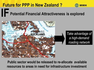 Public sector would be released to re-allocate available
resources to areas in need for infrastructure investment
Potential Financial Attractiveness is explored
Future for PPP in New Zealand ?
IF
Take advantage ofTake advantage of
a high-demanda high-demand
roading networkroading network
 