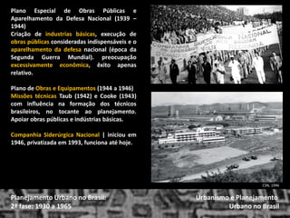 Plano Especial de Obras Públicas e Aparelhamento da Defesa Nacional (1939 – 1944) 
Criação de industrias básicas, execução de obras públicas consideradas indispensáveis e o aparelhamento da defesa nacional (época da Segunda Guerra Mundial). preocupação excessivamente econômica, êxito apenas relativo. 
Plano de Obras e Equipamentos (1944 a 1946) 
Missões técnicas Taub (1942) e Cooke (1943) com influência na formação dos técnicos brasileiros, no tocante ao planejamento. Apoiar obras públicas e indústrias básicas. 
Companhia Siderúrgica Nacional | iniciou em 1946, privatizada em 1993, funciona até hoje. 
Urbanismo e Planejamento 
Urbano no Brasil 
Planejamento Urbano no Brasil: 2ª fase: 1930 a 1965 
CSN, 1946  