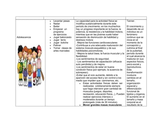 Adolescencia
 Levantar pesas
 Nadar
 Bailar
 Empezar un
programa
de ejercicios
 Jugar baloncesto
 Jugar tenis
 Jugar boliche
 Patinar
 Tomar clases de
artes marciales
La capacidad para la actividad física se
modifica sustancialmente durante este
periodo de crecimiento; en los muchachos
hay un progreso importante en la fuerza, la
potencia, la resistencia y la habilidad motora,
mientras que en las jóvenes suele haber
sensación de disminución de habilidad y
destreza motora
. Mejora las funciones cardiovasculares
-Contribuye a una adecuada maduración del
sistema músculo-esquelético y de sus
habilidades psicomotoras.
- Mejora la salud ósea, la fuerza muscular y la
flexibilidad.
-Los sentimientos de seguridad.
- Los sentimientos de capacitación (eficacia
auto percibida) y de mejora.
-Los sentimientos de estar en buena
condición física (por ejemplo, la ausencia de
sobrepeso).
-Evitar que el ocio aumente, debido a la
aparición del acceso fácil y sin control a los
medio que impiden que: caminemos, etc.
 Estas actividades físicas deben ser
realizadas cotidianamente siempre
que haga intervenir gran cantidad de
músculos (juegos, deportes,
recreación, educación física...). Pueden
realizar ejercicios intensos o
moderados durante un tiempo
prolongado (más de 30 minutos).
 Mover grandes masas musculares:
Tanner.
El crecimiento y
desarrollo de un
individuo es un
fenómeno
continuo que se
inicia en el
momento de la
concepción y
culmina al final
de la pubertad,
período durante
el cual alcanza la
madurez en sus
aspectos físicos,
psico-social y
reproductivos.
Esta
transformación
involucra
cambios en el
tamaño,
organización
espacial y
diferenciación
funcional de
tejidos y órganos.
El aumento en el
tamaño y masa
corporal es el
resultado de la
 