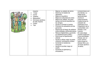 impacto
 Trotar
 Correr
 Voleibol
 Básquetbol
 Gimnasia aeróbica
de alta impacto
 Futbol
 Tejo
o Mejorar su estado de ánimo
o Disminuir el estado de
depresión.
o Mejora el equilibrio
o Mejora la velocidad de andar.
o Mejora los reflejos. Se pasa
tiempo de forma divertida con
los amigos.
o Ayuda a combatir el estrés.
o Favorece la autoestima de las
personas.
o Disminuye el riesgo de padecer
enfermedades cardiovasculares.
o Reduce triglicéridos y aumenta
el colesterol bueno (HDL).
o Disminuye la hipertensión
arterial.
o Ayuda a utilizar mejor la grasa
corporal, controlando el peso.
o Aumenta la resistencia
muscular.
o Ayuda a conciliar mejor el
sueño.
o Aumenta el optimismo y
entusiasmo.
compromisos con
los demás. La
etapa de la
generatividad
contra el
estancamiento
implica tomar la
decisión de
participar en la
integración de la
comunidad, una
familia o una
carrera.
En esta etapa
donde el ejercicio
y las actividades
físicas, son un
buen camino
para ocupar el
tiempo libre y es
de buen aporte a
la salud.
 