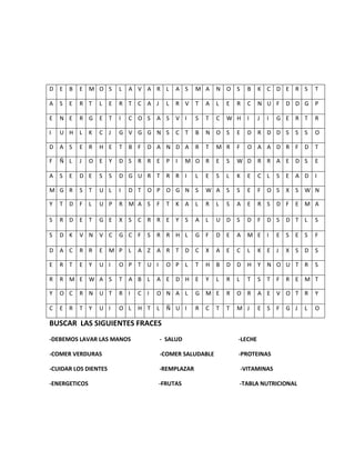 BUSCAR LAS SIGUIENTES FRACES
-DEBEMOS LAVAR LAS MANOS - SALUD -LECHE
-COMER VERDURAS -COMER SALUDABLE -PROTEINAS
-CUIDAR LOS DIENTES -REMPLAZAR -VITAMINAS
-ENERGETICOS -FRUTAS -TABLA NUTRICIONAL
D E B E M O S L A V A R L A S M A N O S B K C D E R S T
A S E R T L E R T C A J L R V T A L E R C N U F D D G P
E N E R G E T I C O S A S V I S T C W H I J I G E R T R
I U H L K C J G V G G N S C T B N O S E D R D D S S S O
D A S E R H E T B F D A N D A R T M R F O A A D R F D T
F Ñ L J O E Y D S R R E P I M O R E S W D R R A E D S E
A S E D E S S D G U R T R R I L E S L K E C L S E A D I
M G R S T U L I D T O P O G N S W A S S E F O S X S W N
Y T D F L U P R M A S F T K A L R L S A E R S D F E M A
S R D E T G E X S C R R E Y S A L U D S D F D S D T L S
S D K V N V C G C F S R R H L G F D E A M E I E S E S F
D A C R R E M P L A Z A R T D C X A E C L K E J X S D S
E R T E Y U I O P T U I O P L T H B D D H Y N O U T R S
R R M E W A S T A B L A E D H E Y L R L T S T F R E M T
Y O C R N U T R I C I O N A L G M E R O R A E V O T R Y
C E R T Y U I O L H T L Ñ U I R C T T M J E S F G J L O
 