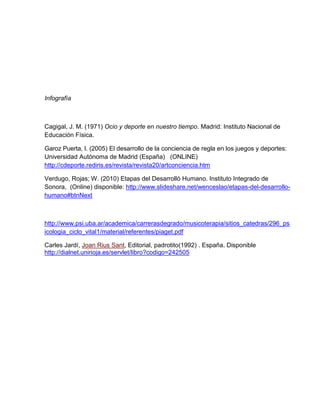 Infografía
Cagigal, J. M. (1971) Ocio y deporte en nuestro tiempo. Madrid: Instituto Nacional de
Educación Física.
Garoz Puerta, I. (2005) El desarrollo de la conciencia de regla en los juegos y deportes:
Universidad Autónoma de Madrid (España) (ONLINE)
http://cdeporte.rediris.es/revista/revista20/artconciencia.htm
Verdugo, Rojas; W. (2010) Etapas del Desarrolló Humano. Instituto Integrado de
Sonora, (Online) disponible: http://www.slideshare.net/wenceslao/etapas-del-desarrollo-
humano#btnNext
http://www.psi.uba.ar/academica/carrerasdegrado/musicoterapia/sitios_catedras/296_ps
icologia_ciclo_vital1/material/referentes/piaget.pdf
Carles Jardí, Joan Rius Sant, Editorial, padrotito(1992) . España. Disponible
http://dialnet.unirioja.es/servlet/libro?codigo=242505
 