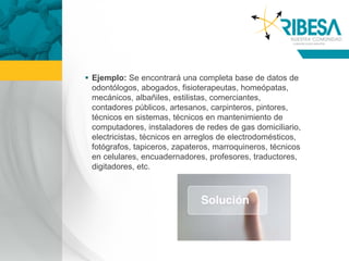  Ejemplo: Se encontrará una completa base de datos de
  odontólogos, abogados, fisioterapeutas, homeópatas,
  mecánicos, albañiles, estilistas, comerciantes,
  contadores públicos, artesanos, carpinteros, pintores,
  técnicos en sistemas, técnicos en mantenimiento de
  computadores, instaladores de redes de gas domiciliario,
  electricistas, técnicos en arreglos de electrodomésticos,
  fotógrafos, tapiceros, zapateros, marroquineros, técnicos
  en celulares, encuadernadores, profesores, traductores,
  digitadores, etc.
 