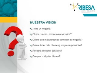 NUESTRA VISIÓN
¿Tiene un negocio?

¿Ofrece bienes, productos o servicios?

¿Quiere que más personas conozcan su negocio?

¿Quiere tener más clientes y mayores ganancias?

¿Necesita contratar servicios?

¿Comprar o alquilar bienes?
 