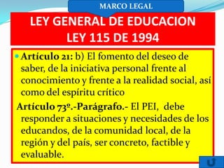 LEY GENERAL DE EDUCACION
LEY 115 DE 1994
 Artículo 21: b) El fomento del deseo de
saber, de la iniciativa personal frente al
conocimiento y frente a la realidad social, así
como del espíritu crítico
Artículo 73º.-Parágrafo.- El PEI, debe
responder a situaciones y necesidades de los
educandos, de la comunidad local, de la
región y del país, ser concreto, factible y
evaluable.
MARCO LEGAL
 