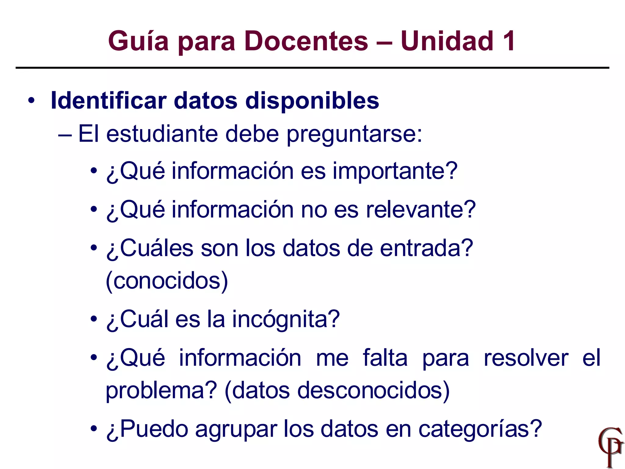 Identificar datos disponibles  El estudiante debe preguntarse:  ¿Qué información es importante?  ¿Qué información no es relevante? ¿Cuáles son los datos de entrada? (conocidos) ¿Cuál es la incógnita? ¿Qué información me falta para resolver el problema? (datos desconocidos) ¿Puedo agrupar los datos en categorías? Guía para Docentes – Unidad 1 
