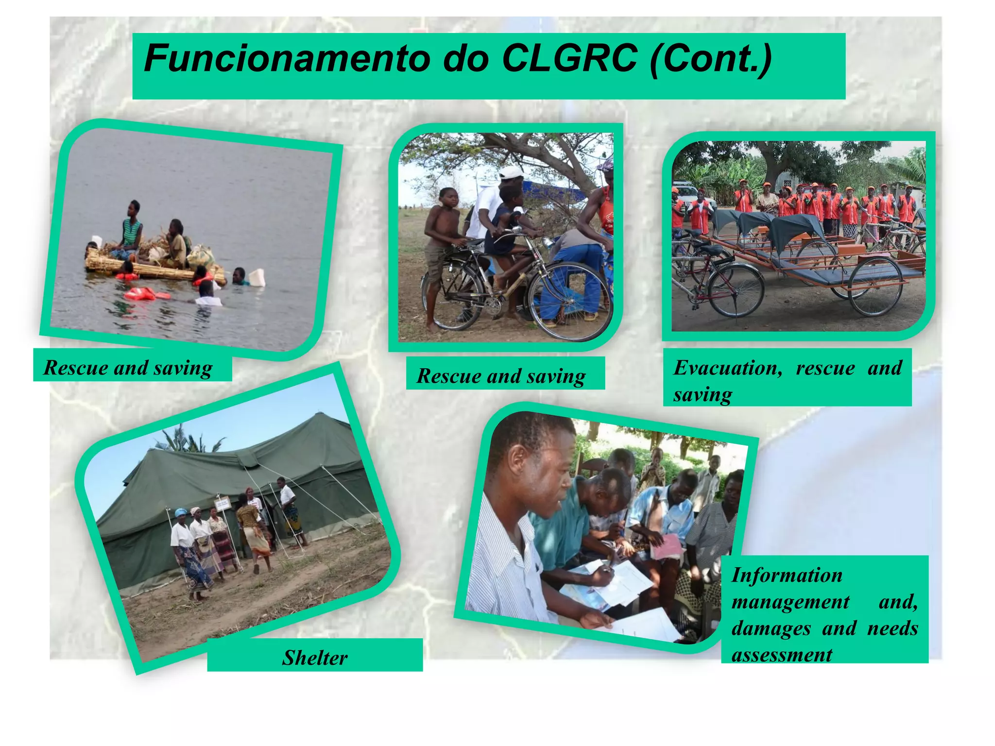 Funcionamento do CLGRC (Cont.)




Rescue and saving             Rescue and saving   Evacuation, rescue and
                                                  saving




                                                       Information
                                                       management and,
                                                       damages and needs
                    Shelter                            assessment
 