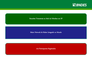 Reuniões Trimestrais na Sede da Febraban em SP
Maior Network de Relato Integrado no Mundo
414 Participantes Registrados
 