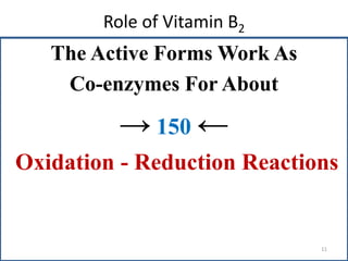 Role of Vitamin B2
The Active Forms Work As
Co-enzymes For About
→ 150 ←
Oxidation - Reduction Reactions
11
 