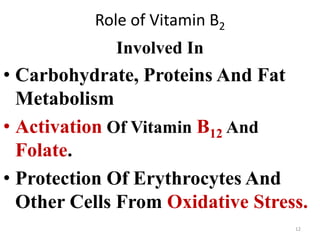 Role of Vitamin B2
Involved In
• Carbohydrate, Proteins And Fat
Metabolism
• Activation Of Vitamin B12 And
Folate.
• Protection Of Erythrocytes And
Other Cells From Oxidative Stress.
12
 