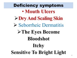 Deficiency symptoms
• Mouth Ulcers
DryAnd Scaling Skin
 Seborrheic Dermatitis
The Eyes Become
Bloodshot
Itchy
Sensitive To Bright Light 22
 