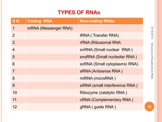 S N Coding RNA Non-coding RNAs
1 mRNA (Messenger RNA)
2 tRNA ( Transfer RNA)
3 rRNA (Ribosomal RNA
4 snRNA (Small nuclear RNA )
5 snoRNA (Small nucleolar RNA )
6 scRNA (Small cytoplasmic RNA)
7 aRNA (Antisense RNA )
8 miRNA (microRNA )
9 siRNA (small interference RNA )
10 Ribozyme (catalytic RNA )
11 cRNA (Complementary RNA )
12 gRNA ( guide RNA )
TYPES OF RNAs
6/19/2013StructureofNucleicAcid:RNA
18
 