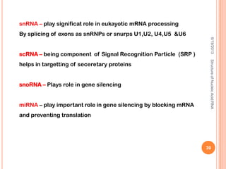 6/19/2013StructureofNucleicAcid:RNA
39
snRNA – play significat role in eukayotic mRNA processing
By splicing of exons as snRNPs or snurps U1,U2, U4,U5 &U6
scRNA – being component of Signal Recognition Particle (SRP )
helps in targetting of seceretary proteins
snoRNA – Plays role in gene silencing
miRNA – play important role in gene silencing by blocking mRNA
and preventing translation
 