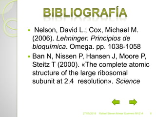  Nelson, David L.; Cox, Michael M.
(2006). Lehninger. Principios de
bioquímica. Omega. pp. 1038-1058
 Ban N, Nissen P, Hansen J, Moore P,
Steitz T (2000). «The complete atomic
structure of the large ribosomal
subunit at 2.4 resolution». Science
27/05/2018 Rafael Steven Alvear Guerrero MVZ-A 8
 