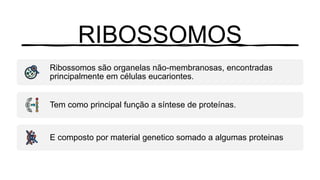 RIBOSSOMOS
Ribossomos são organelas não-membranosas, encontradas
principalmente em células eucariontes.
Tem como principal função a síntese de proteínas.
E composto por material genetico somado a algumas proteinas
 