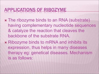 APPLICATIONS OF RIBOZYME
 The ribozyme binds to an RNA (substrate)
having complementary nucleotide sequences
& catalyze the reaction that cleaves the
backbone of the substrate RNA.
 Ribozyme binds to mRNA and inhibits its
expression, thus helps in many diseases
therapy eg: genetical diseases. Mechanism
is as follows:
 
