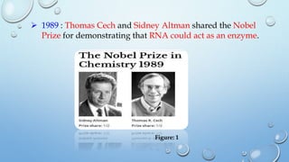  1989 : Thomas Cech and Sidney Altman shared the Nobel
Prize for demonstrating that RNA could act as an enzyme.
Figure: 1
 