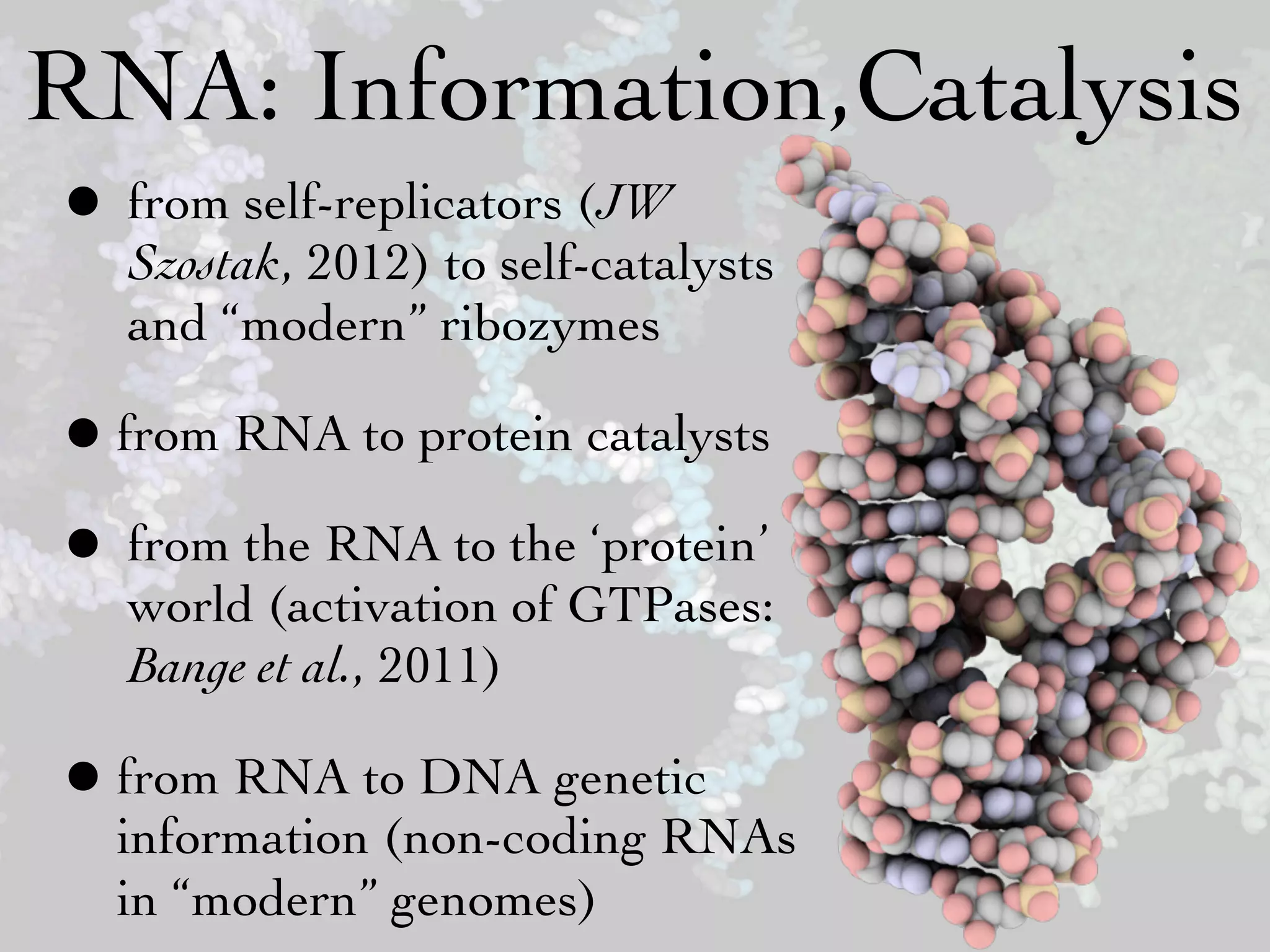 RNA: Information,Catalysis
• from self-replicators (JW
  Szostak, 2012) to self-catalysts
  and “modern” ribozymes

• from RNA to protein catalysts
• from the RNA to the ‘protein’
  world (activation of GTPases:
  Bange et al., 2011)

• from RNA to DNA genetic
  information (non-coding RNAs
  in “modern” genomes)
 