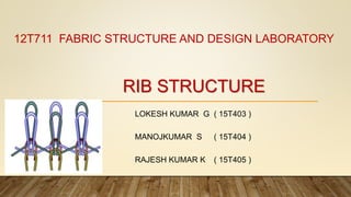 RIB STRUCTURE
LOKESH KUMAR G ( 15T403 )
MANOJKUMAR S ( 15T404 )
RAJESH KUMAR K ( 15T405 )
12T711 FABRIC STRUCTURE AND DESIGN LABORATORY
 