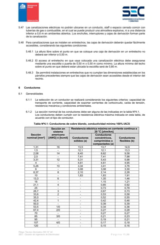 Pliego Técnico Normativo RIC N° 04
SEC - División de Ingeniería de Electricidad P á g i n a 11 | 90
5.47 Las canalizaciones eléctricas no podrán ubicarse en un conducto, staff o espacio cerrado común con
tuberías de gas o combustible, en el cual se puede producir una atmosfera explosiva, ni a una distancia
inferior a 0,6 m en ambientes abiertos. Los enchufes, interruptores y cajas de derivación forman parte
de la canalización.
5.48 Para canalizaciones que se instalen en entretechos, las cajas de derivación deberán quedar fácilmente
accesibles, considerando las siguientes condiciones:
5.48.1 La altura libre sobre el punto en que se coloque una caja de derivación en un entretecho no
deberá ser inferior a 0,50 m.
5.48.2 El acceso al entretecho en que vaya colocada una canalización eléctrica debe asegurarse
mediante una escotilla o puerta de 0,50 m x 0,50 m como mínimo. La altura mínima del techo
sobre el punto en que deberá estar ubicada la escotilla será de 0,80 m.
5.48.3 Se permitirá instalaciones en entretechos que no cumplan las dimensiones establecidas en los
párrafos precedentes siempre que las cajas de derivación sean accesibles desde el interior del
recinto.
6 Conductores
6.1 Generalidades
6.1.1 La selección de un conductor se realizará considerando los siguientes criterios: capacidad de
transporte de corriente, capacidad de soportar corrientes de cortocircuito, caída de tensión,
resistencia mecánica y condiciones ambientales.
6.1.2 La sección nominal de los conductores debe ser alguna de las indicadas en la tabla Nº4.1.
Los conductores deben cumplir con la resistencia eléctrica máxima indicada en esta tabla, de
acuerdo con el tipo de conductor.
Tabla Nº4.1: Conductores de cobre blando, conductividad mínima 100% IACS
Sección
nominal [mm²]
Sección en
sistema
americano
[AWG] ó [kcmil]
Resistencia eléctrica máxima en corriente continua a
20 °C [ohm/km]
Conductores
sólidos (a)
Conductores
concéntricos,
comprimidos o
compactados (a)
Conductores
flexibles (b)
1,31 16 13,5 13,7 14,9
1,5 - 12,1 12,1 13,3
2,08 14 8,45 8,62 9,58
2,5 - 7,41 7,41 7,98
3,31 12 5,31 5,43 5,98
4 - 4,61 4,61 4,95
5,26 10 3,34 3,41 3,76
6 - 3,08 3,08 3,30
8,37 8 2,10 2,14 2,28
10 - 1,83 1,83 1,91
13,3 6 - 1,35 1,46
16 - - 1,15 1,21
21,1 4 - 0,85 0,92
25 - - 0,73 0,78
26,7 3 - 0,67 0,73
33,6 2 - 0,53 0,58
35,0 - - 0,52 0,55
42,4 1 - 0,42 0,46
50,0 - - 0,39 0,39
53,5 1/0 - 0,34 0,36
67,4 2/0 - 0,27 0,28
70 - - 0,27 0,27
85 3/0 - 0,21 0,23
95 - - 0,19 0,21
107 4/0 - 0,17 0,18
120 - - 0,15 0,16
 