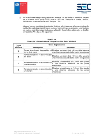 Pliego Técnico Normativo RIC N° 04
SEC - División de Ingeniería de Electricidad P á g i n a 67 | 90
(3) La muestra se sumergirá en agua con una altura de 150 mm sobre su cubierta si h = (alto
de la muestra) ≥ 850 mm y (1000 – h) si h < 850 mm. Tiempo de la prueba 1 minuto,
temperatura muestra = temperatura del agua ± 5%.
Algunas normas consideran la aplicación de letras adicionales que refuerzan o aclaran la
calidad del grado de protección de un equipo, o bien restringen su aplicación a ciertos tipos
de equipos o condiciones particulares de aplicación. Estos índices adicionales se detallan
en las tablas A4.1.4 y A4.1.5 siguientes:
Tabla A4.1.4
Protección contra acceso de cuerpos extraños. Letra adicional
Letra
adicional
Grado de protección
Descripción Definición
A
Partes energizadas inaccesibles al
dorso de la mano
El calibre, una esfera de ϕ =50 mm, debe quedar a
una distancia adecuada de las partes energizadas
B
Partes energizadas no accesibles con
los dedos El calibre, una esfera de ϕ =12 mm, debe quedar a
una distancia adecuada de las partes energizadas
C
Partes energizadas no accesibles con
una herramienta
El calibre, una esfera de ϕ =2,5 mm, debe quedar
a una distancia adecuada de las partes
energizadas
D
Partes energizadas no accesibles con
un alambre
El calibre, una esfera de ϕ =1,0 mm, debe quedar
a una distancia adecuada de las partes
energizadas
 