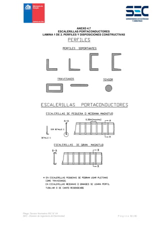 Pliego Técnico Normativo RIC N° 04
SEC - División de Ingeniería de Electricidad P á g i n a 82 | 90
ANEXO 4.7
ESCALERILLAS PORTACONDUCTORES
LAMINA 1 DE 2. PERFILES Y DISPOSICIONES CONSTRUCTIVAS
 