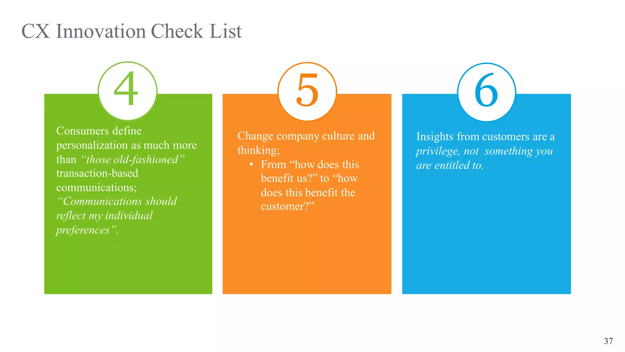 37
CX Innovation Check List
Consumers define
personalization as much more
than “those old-fashioned”
transaction-based
communications;
“Communications should
reflect my individual
preferences”.
4
Change company culture and
thinking;
• From “how does this
benefit us?” to “how
does this benefit the
customer?”
5
Insights from customers are a
privilege, not something you
are entitled to.
6
 