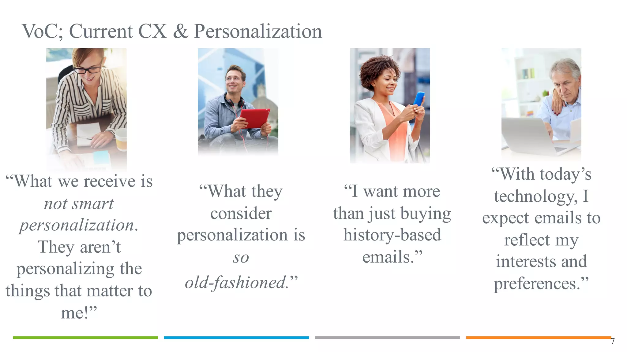 7
VoC; Current CX & Personalization
“What we receive is
not smart
personalization.
They aren’t
personalizing the
things that matter to
me!”
“What they
consider
personalization is
so
old-fashioned.”
“I want more
than just buying
history-based
emails.”
“With today’s
technology, I
expect emails to
reflect my
interests and
preferences.”
 