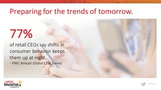 #RIC16
Preparing	
  for	
  the	
  trends	
  of	
  tomorrow.
77%	
  
of	
  retail	
  CEOs	
  say	
  shifts	
  in	
  
consumer	
  behavior	
  keeps	
  
them	
  up	
  at	
  night.
-­‐ PWC	
  Annual	
  Global	
  CEO	
  Survey
 