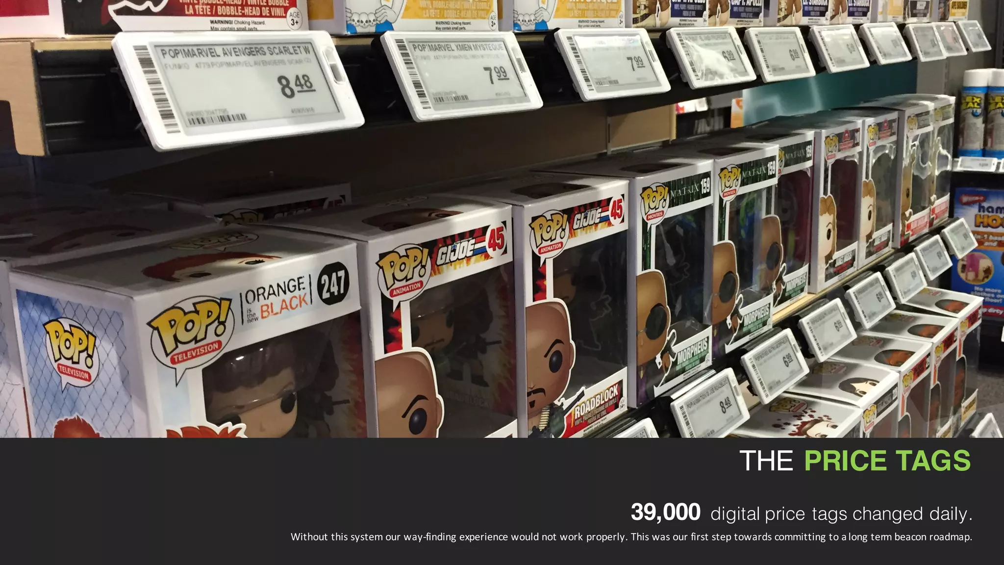 THE PRICE TAGS
39,000 digital price tags changed daily.
Without	
  this	
  system	
  our	
  way-­‐finding	
  experience	
  would	
  not	
  work	
  properly.	
  This	
  was	
  our	
  first	
  step	
  towards	
  committing	
  to	
  a	
  long	
  term	
  beacon	
  roadmap.	
  	
  
 