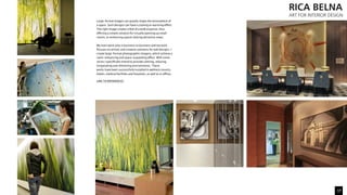 17
Large-format images can greatly shape the atmosphere of
a space. Such designs can have a cooling or warming effect.
The right image creates a feel of a wide expanse, thus
offering a simple solution for visually opening up small
rooms, or enhancing spaces lacking attractive views.
My main work area is business to business and my work
focuses on artistic and creative solutions for wall designs. I
create large-format photographic imagery, which achieve a
room-enhancing and space-expanding effect. With some
series I speci?cally intend to provide calming, relaxing,
invigorating and refreshing environments. These
works have been successfully installed in wellness resorts,
hotels, medical facilities and hospitals, as well as in offices.
LINK TO REFERENCES
 
