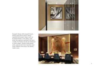 3
My graphic designs offer a powerful way to
enhance large vertical surfaces, without
overwhelming the space. Design motifs can
be adapted flexibly in color palette, shape,
sizing, and cropping to optimally fit the clients
concepts, thus flowing naturally into architectural
or interior designs. I provide a wide aesthetic
variety, spanning from looks inspired by classic
mosaic traditions all the way to very abstract,
modern works.
 