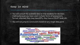 Keep in mind
▪ You will consult the available data on that students for decision-
making because you have used multiple forms of assessment,
formal, informal, they may have IEPs, they have a CELDT level, etc.
▪ You will not jump to conclusions based on any single data point
 