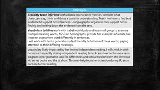Strategies
Explicitly teach inference with a focus on character motives-consider what
characters say, think and do as a basis for understanding.Teach her how to find text
evidence to support her inferences. Using a graphic organizer may support her in
finding and writing down the evidence from the text.
Vocabulary building-work with Isabel individually and in a small group to examine
multiple meaning words, focus on homographs, provide her examples of words, like
those on assessment used differently in sentences.
I will work with her to generate student friendly definitions of these words, paying
attention to their differing meanings.
Vocabulary likely impacted by her limited independent reading. I will check in with
her more frequently during independent reading time. I can show her to use a venn
diagram in her journal to look for differences and similarities between the Elmwood
kid series books and the tv show.This may help focus her attention during IR, set a
purpose for her reading
 