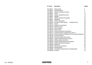 G 3cod. 19530520
N° Tavola Descrizione Pagina
TAV. 966/10 Telaio portante 4
TAV. 966/20 Carrello posteriore 6
TAV. 966/30 ...