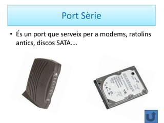 Port Sèrie
• És un port que serveix per a modems, ratolins
  antics, discos SATA….
 