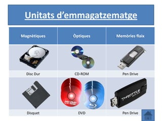 Unitats d’emmagatzematge
Magnètiques   Òptiques   Memòries flaix




  Disc Dur    CD-ROM        Pen Drive




  Disquet       DVD         Pen Drive
 